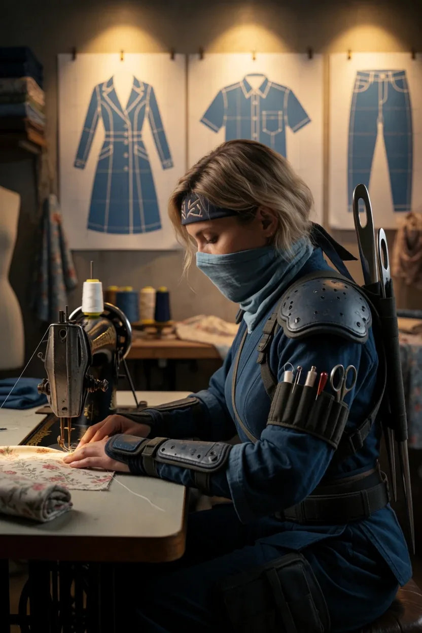 The maker at the machine, seen from the side, guiding floral fabric under the needle