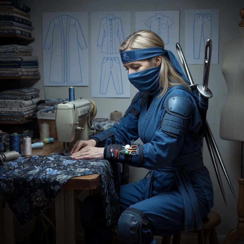 The maker in a blue mask and headband at a small sewing machine, with pattern drawings pinned to the wall